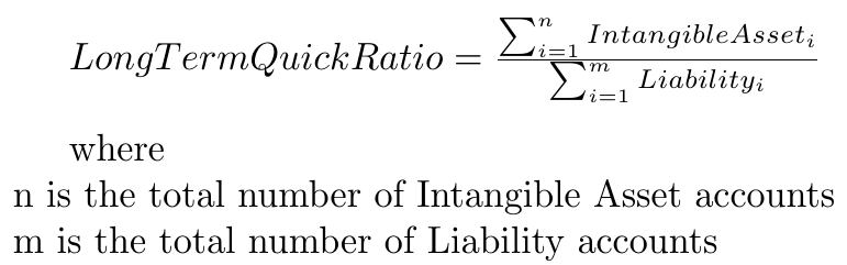 Long Term Quick Ration = Intangibles / Liabilities