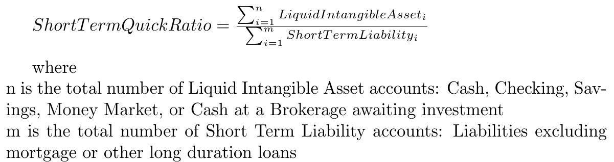 Quick Ratio = Liquid Assets / Short Term Debt